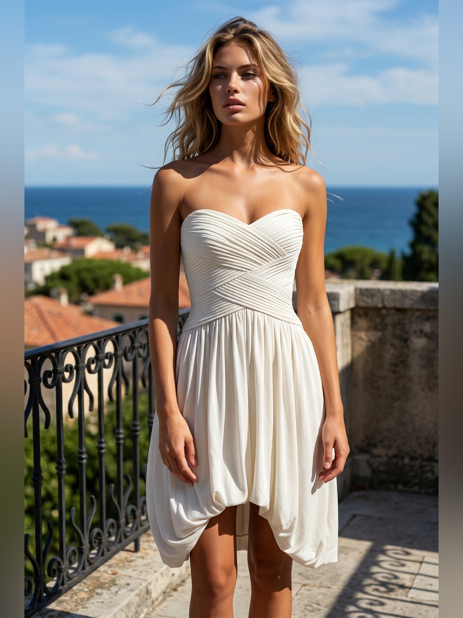 Bcbgmaxazria White Sweetheart Neckline Pleated Bodice Strapless Jersey Dress